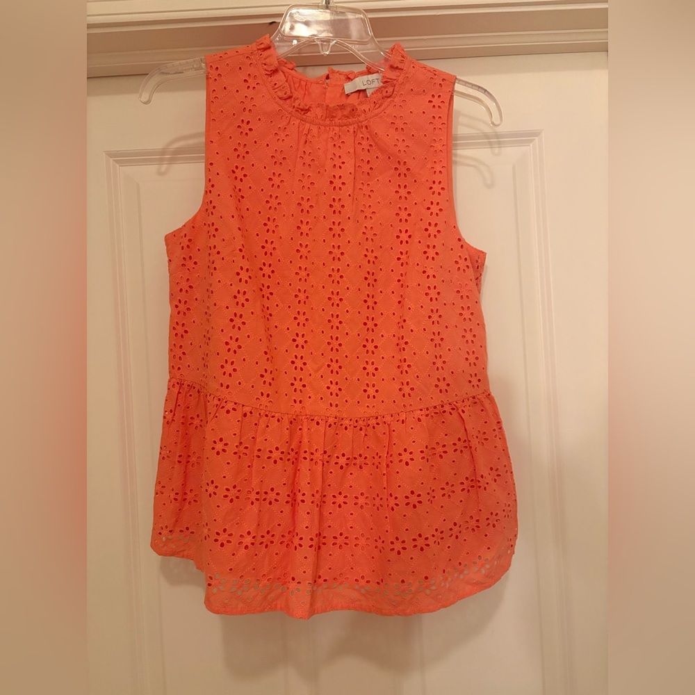 LOFT Coral Eyelet Ruffle Neck Sleeveless Peplum Top